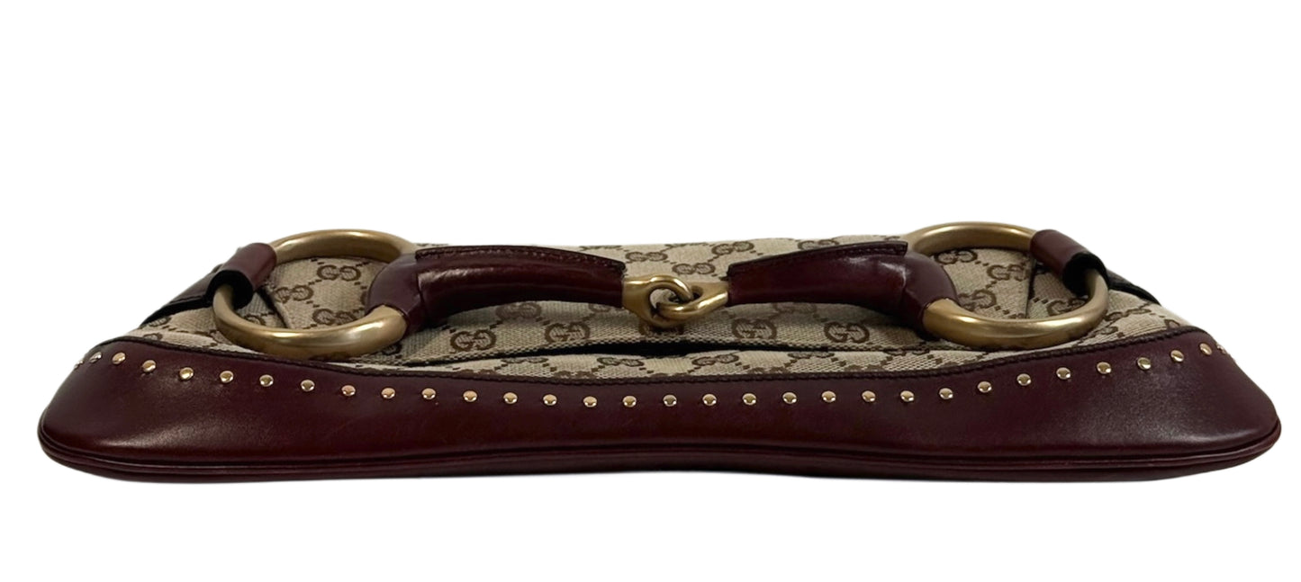 Gucci Vintage Brown GG Monogram Burgundy Studded Leather Trim Horsebit Large Chain Shoulder Clutch Bag