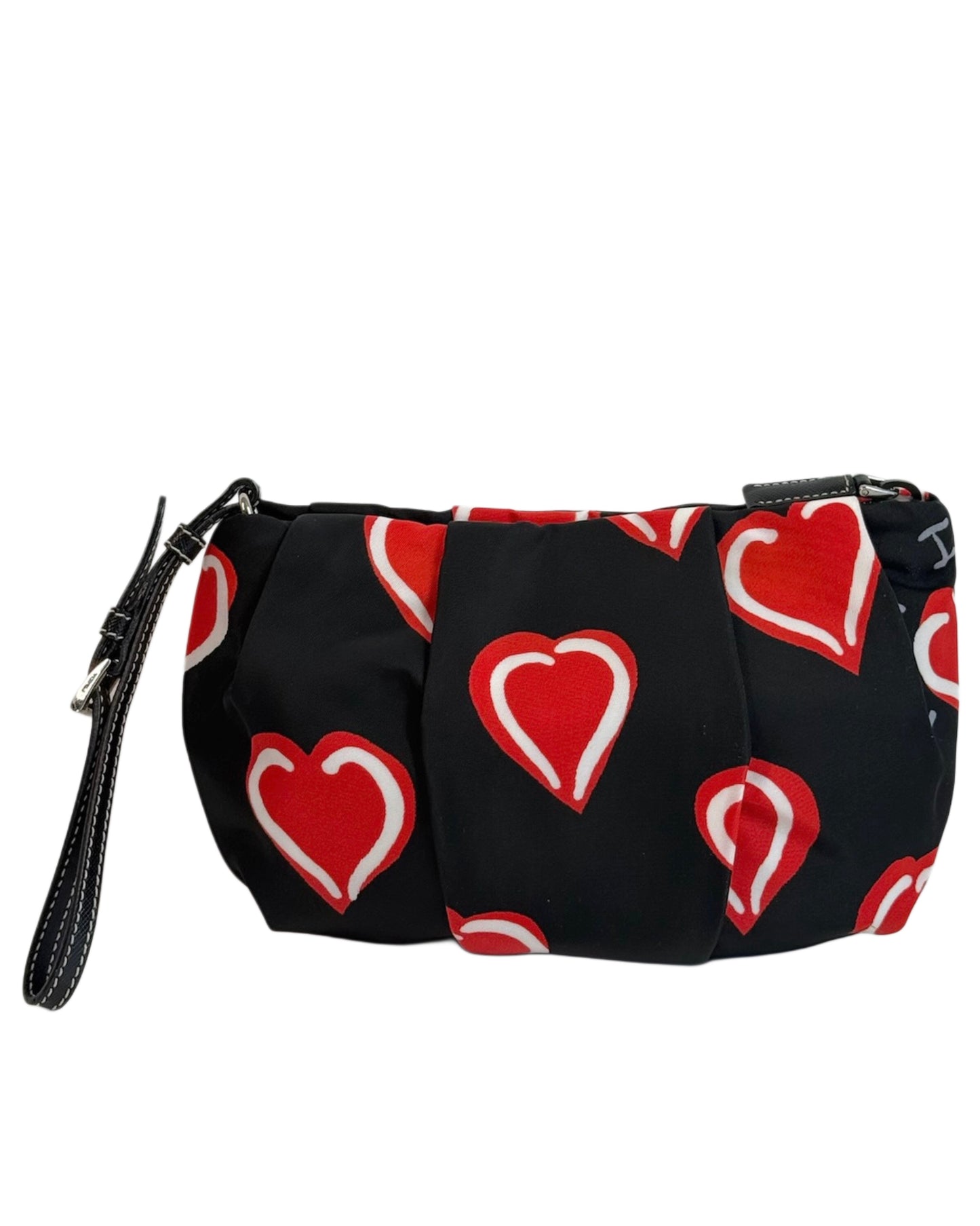 Prada Vintage Black Nylon Red Heart Logo Wristlet Clutch Bag