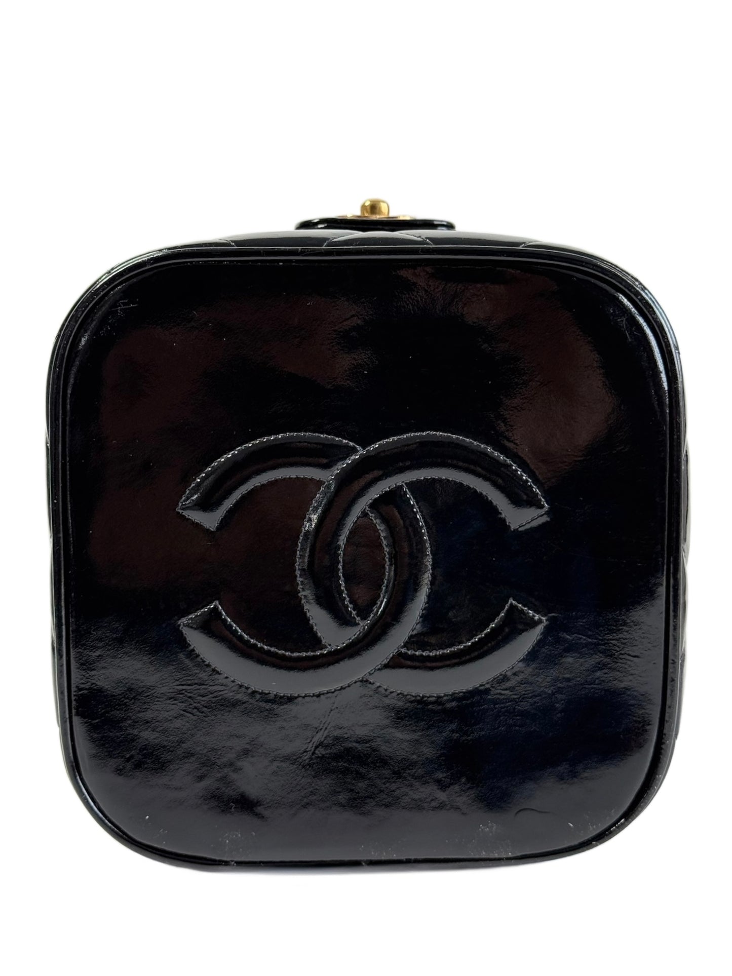 Chanel Vintage 1997 Black Quilted Patent Leather Turnlock Top Handle Vanity Bag w 24K GPHW