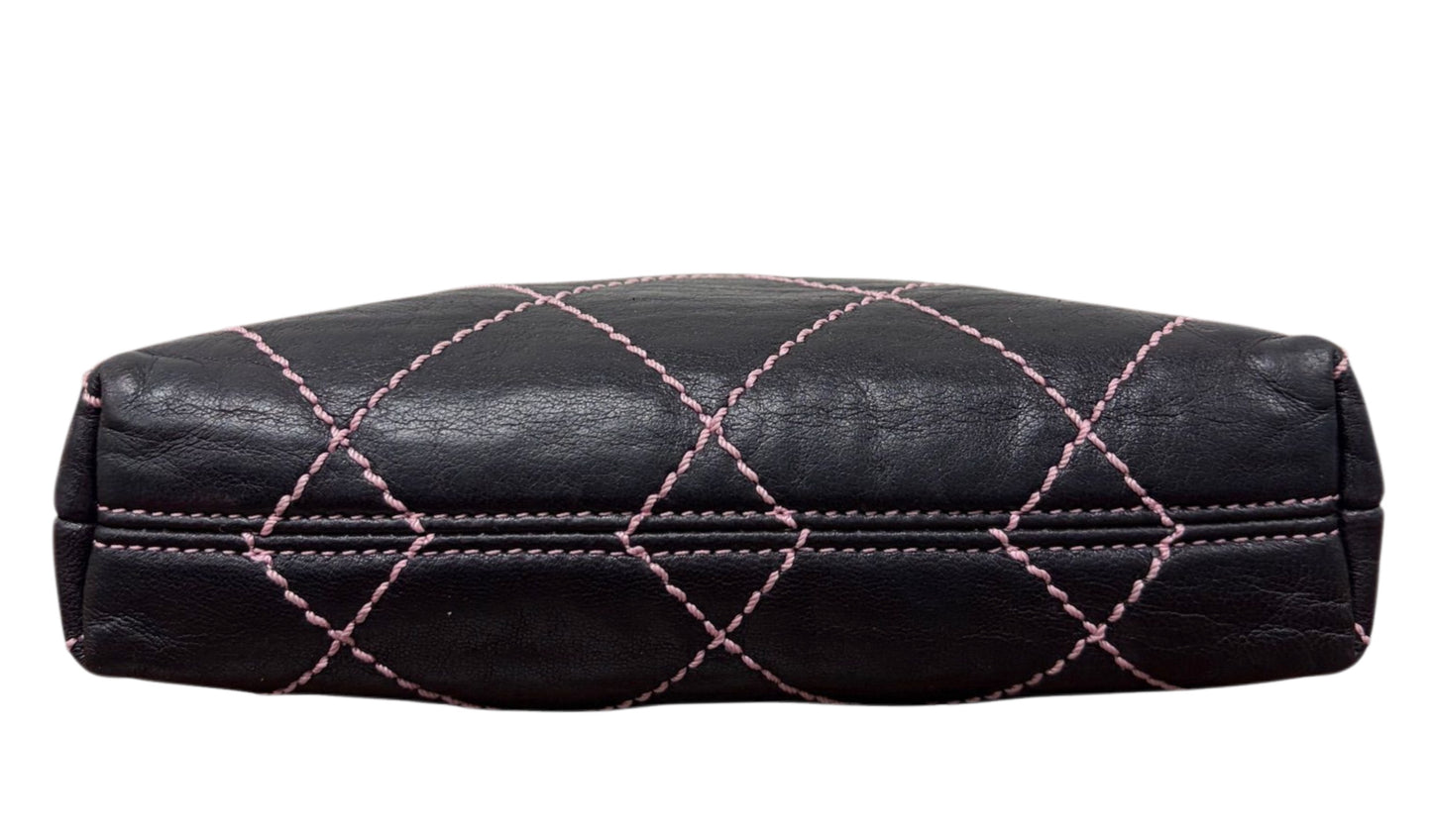 Chanel Vintage 2000s Black Quilted Lambskin Baby Pink Wild Stitch Mini CC Shoulder Pochette Bag 