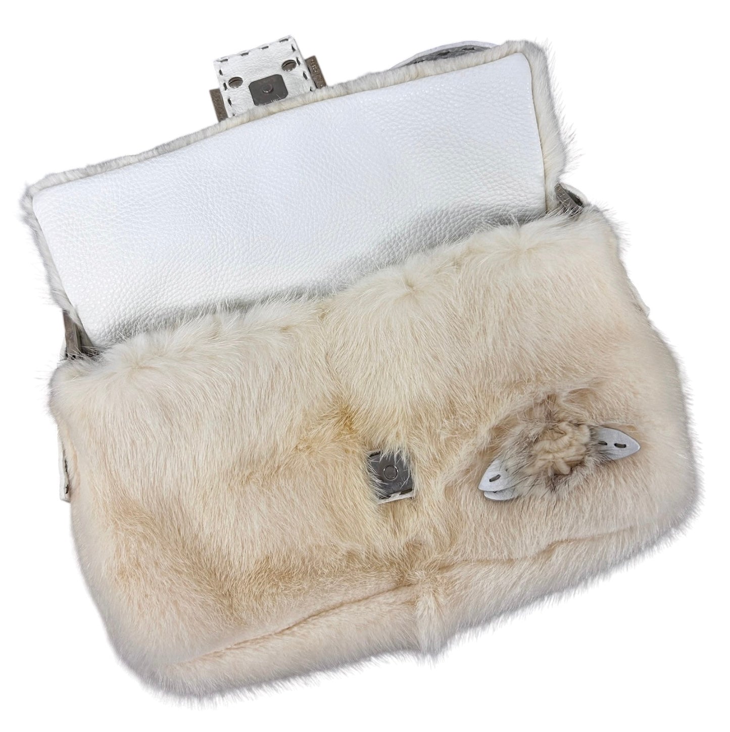 Fendi Vintage Ivory Rabbit Fur Selleria Leather Trim Shoulder Baguette Bag with Rose Details