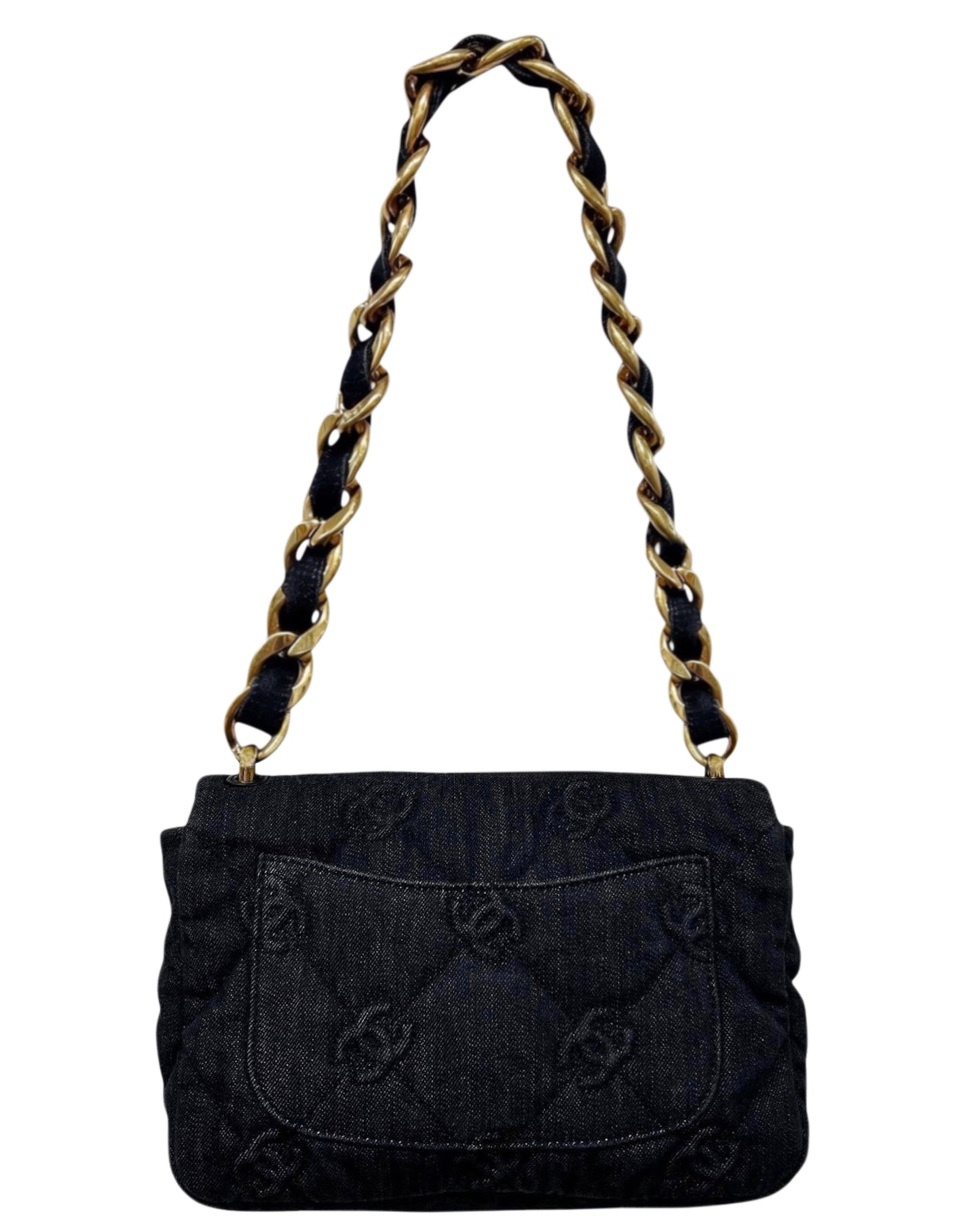 Chanel Black CC Embossed Quilted Denim Funky Town Flap Bag with Aged Gold Hardware