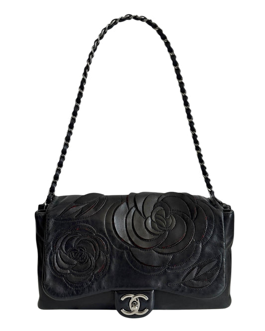 Chanel Black Lambskin Fuchsia Tweed Camelia Large Shoulder Flap Bag