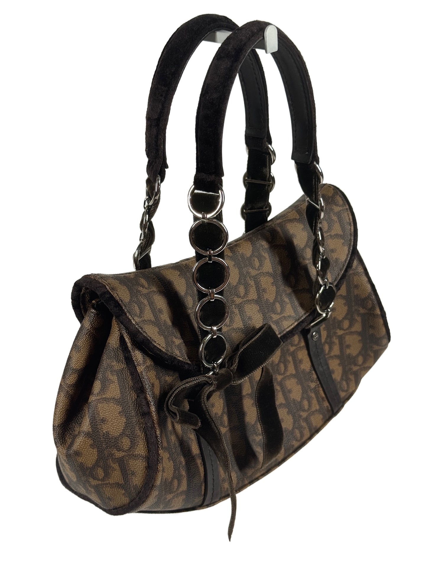 Dior Vintage 2005 Brown Diorissimo Monogram Canvas Small Romantique Velvet Bow Top Handle Bag