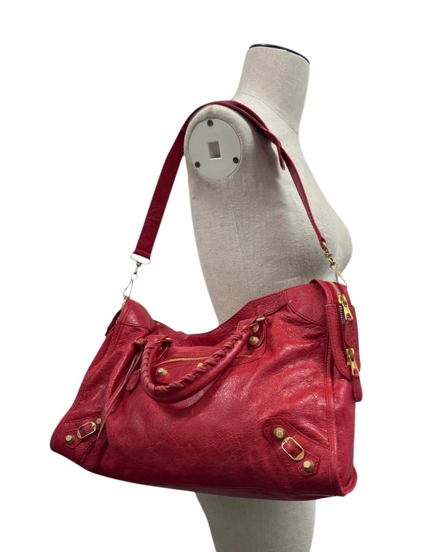 Balenciaga Vintage Red Leather Medium Motocross Classic City Bag with Gold Hardware