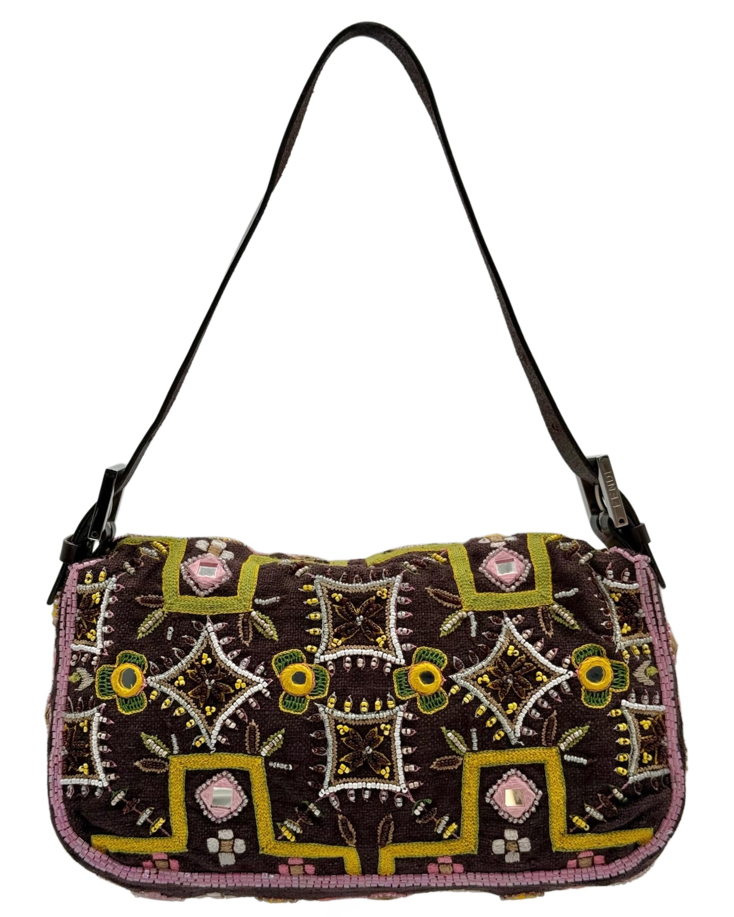 Fendi Vintage Brown Knit Embroidered Pink Beaded Green Fringe Embellished Shoulder Baguette Bag