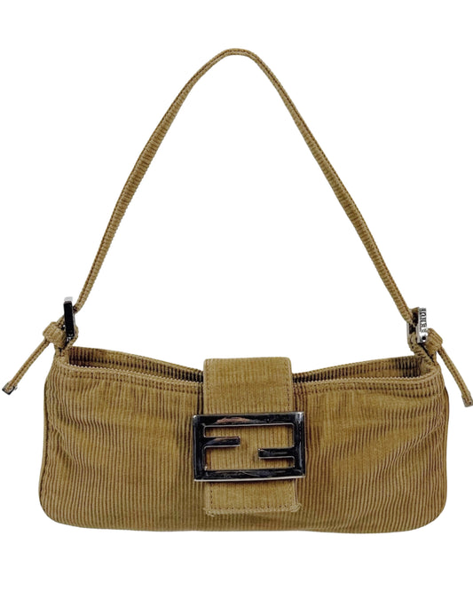 Fendi Vintage Beige Corduroy Flat Small Baguette Pochette Shoulder Bag