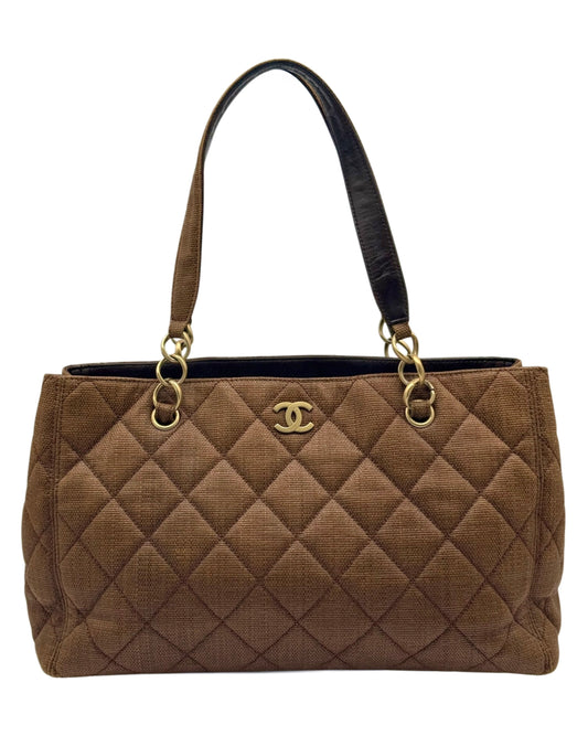 Chanel Vintage 00s Light Brown Quilted Raffia Medium Shoulder Tote Bag