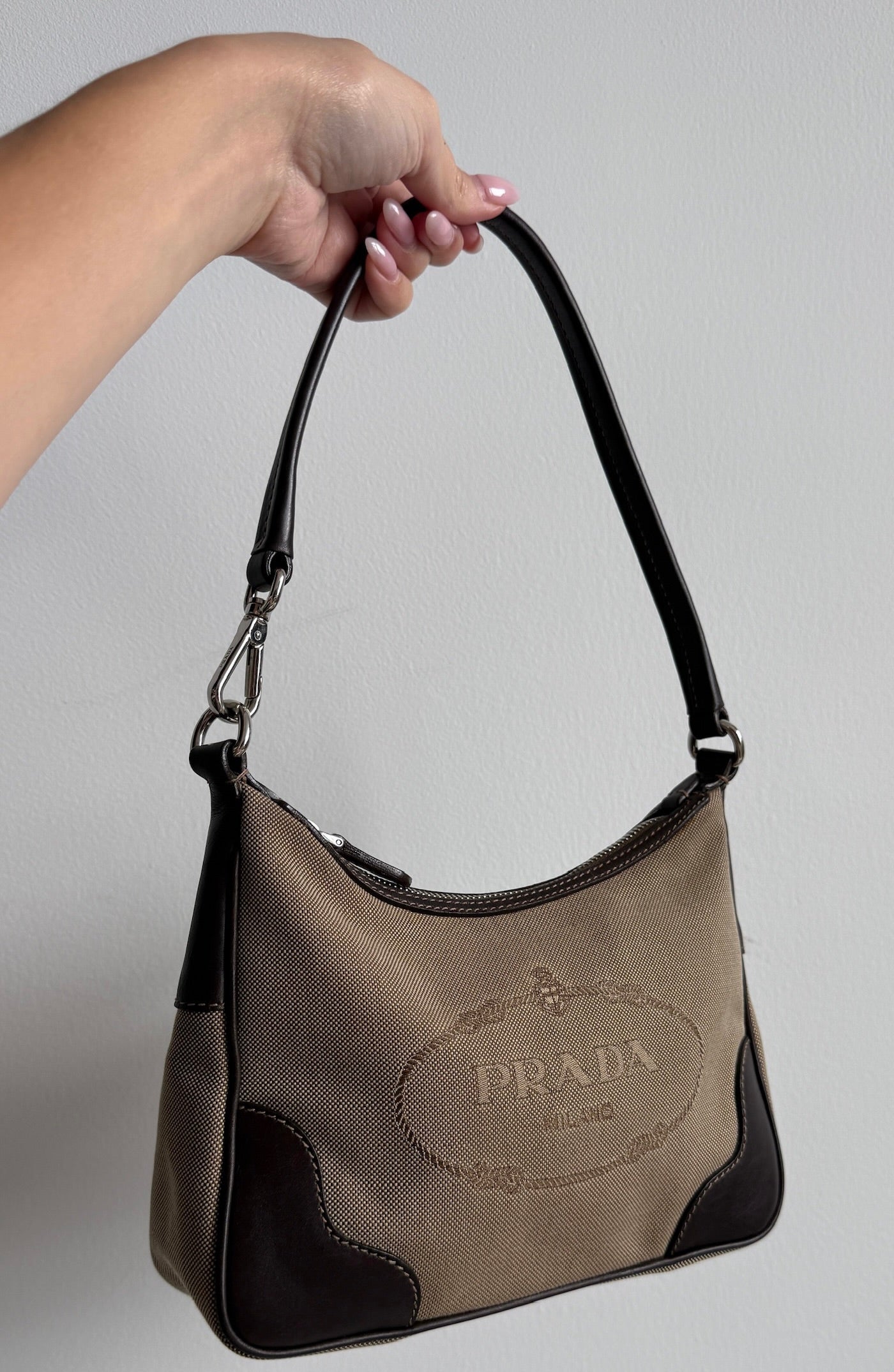 Prada Vintage Brown Jacquard Canapa Canvas Square Shoulder Pochette Bag