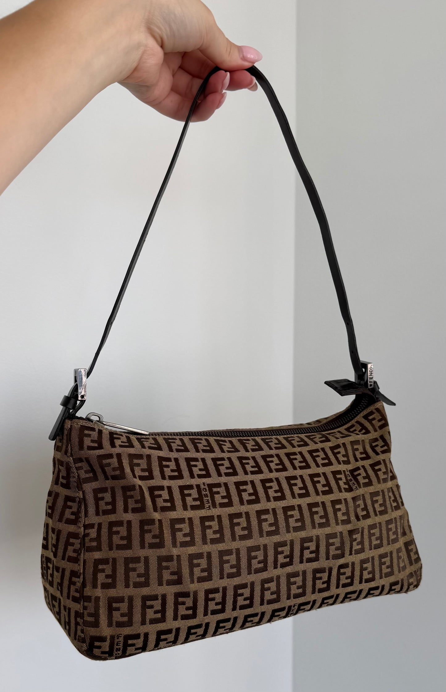 Fendi Vintage Light Brown Zucca Zucchino Monogram Medium Shoulder Pochette Bag