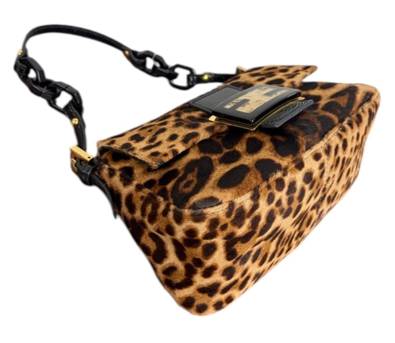 Fendi Vintage Leopard Print Pony Hair Marble Logo Mini Mamma Shoulder Baguette Bag
