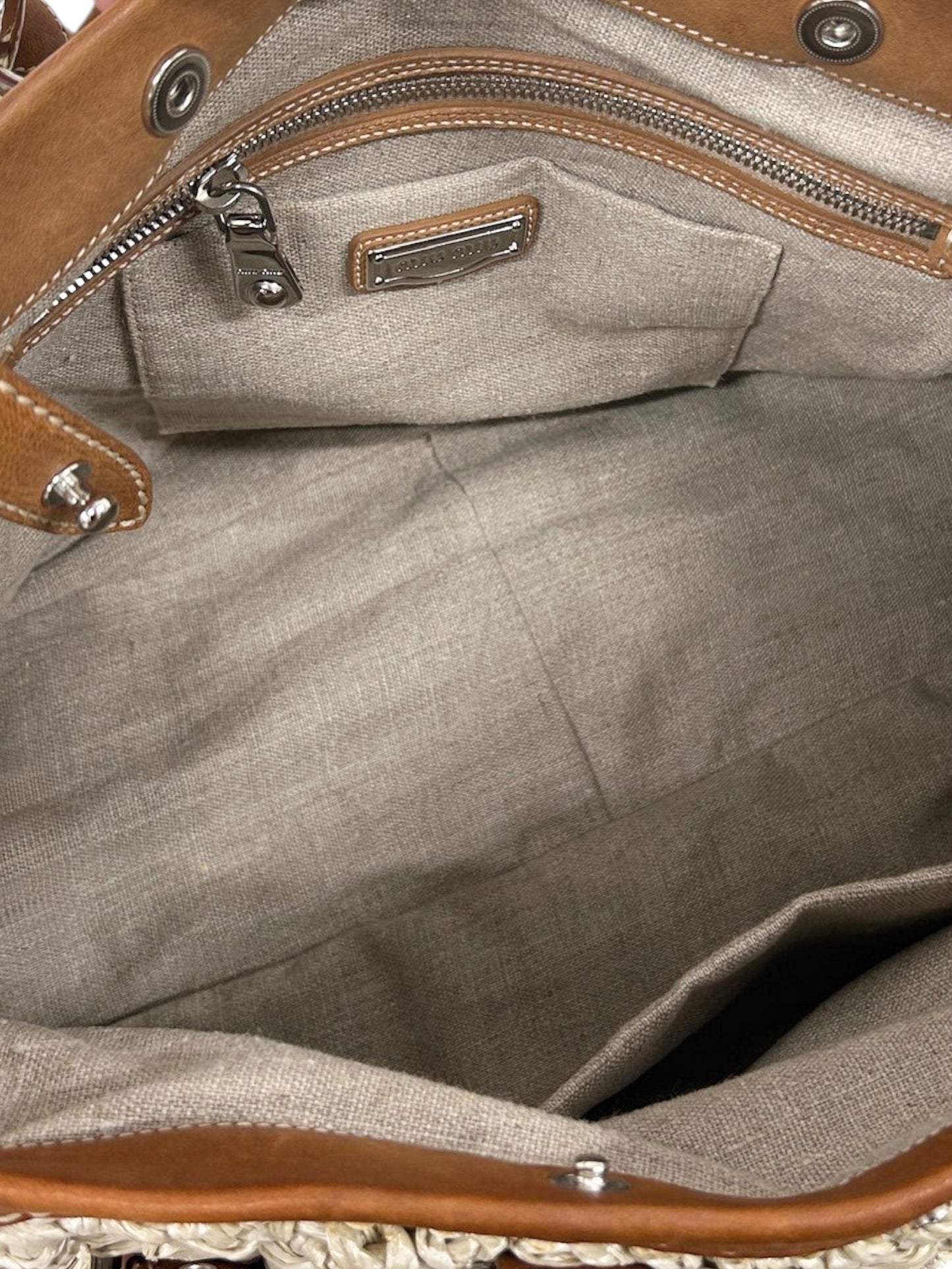 Miu Miu Vintage Beige Woven Raffia Brown Leather Trim Two-Way Shoulder Bag