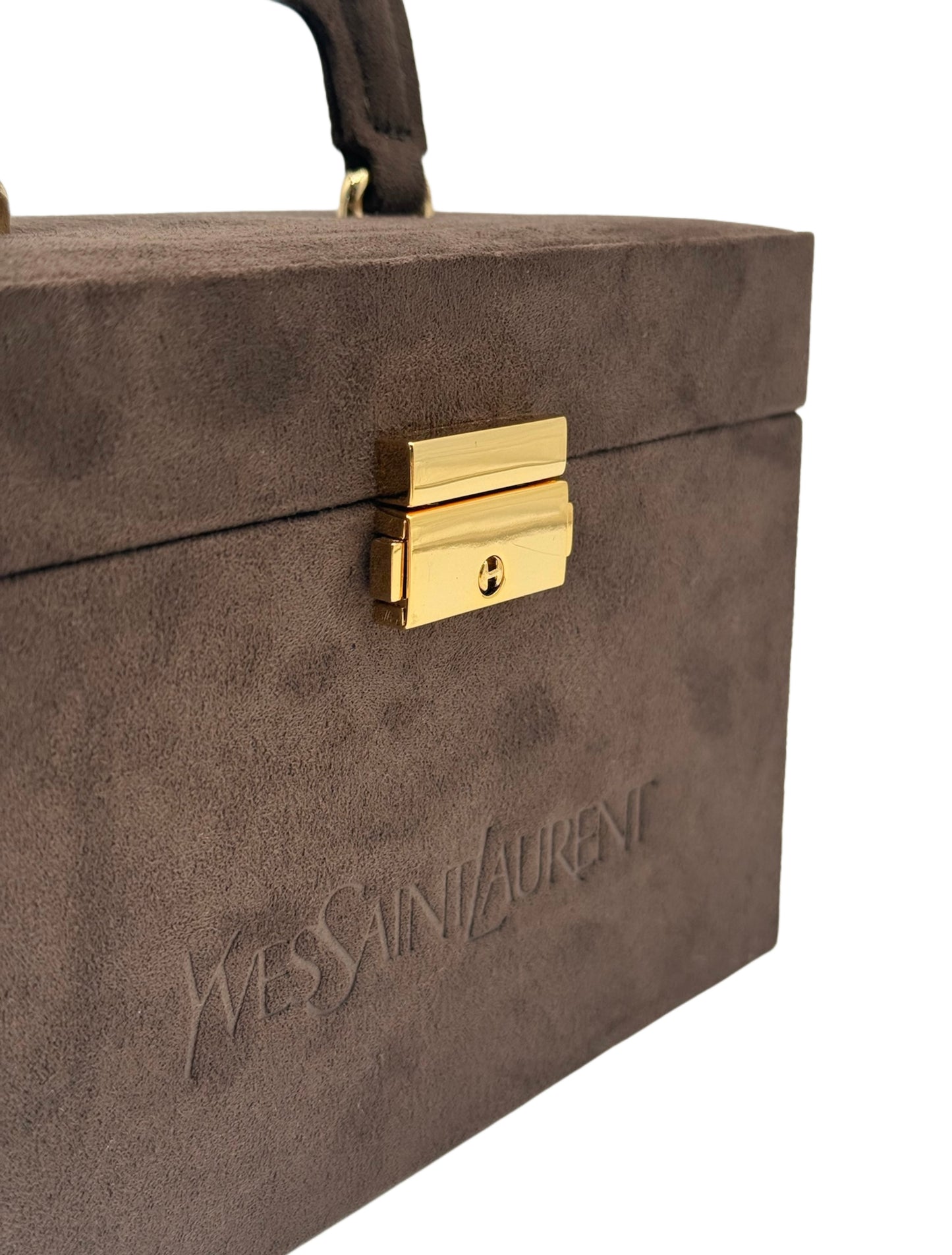 YSL / Yves Saint Laurent Vintage Brown Suede Mini Trunk Vanity Jewelry Case Box