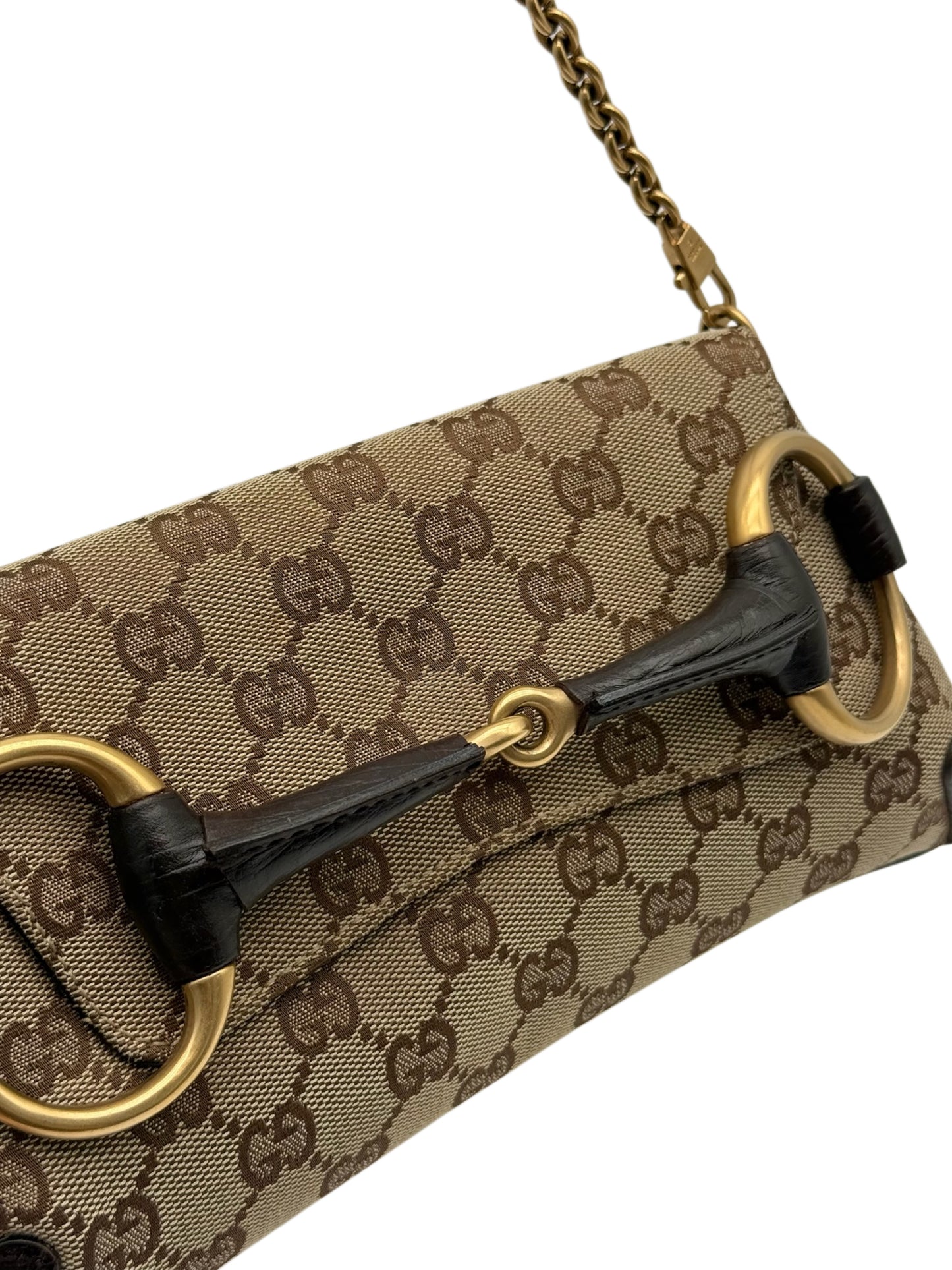 Gucci Vintage Brown GG Monogram Small Horsebit Shoulder Clutch Bag