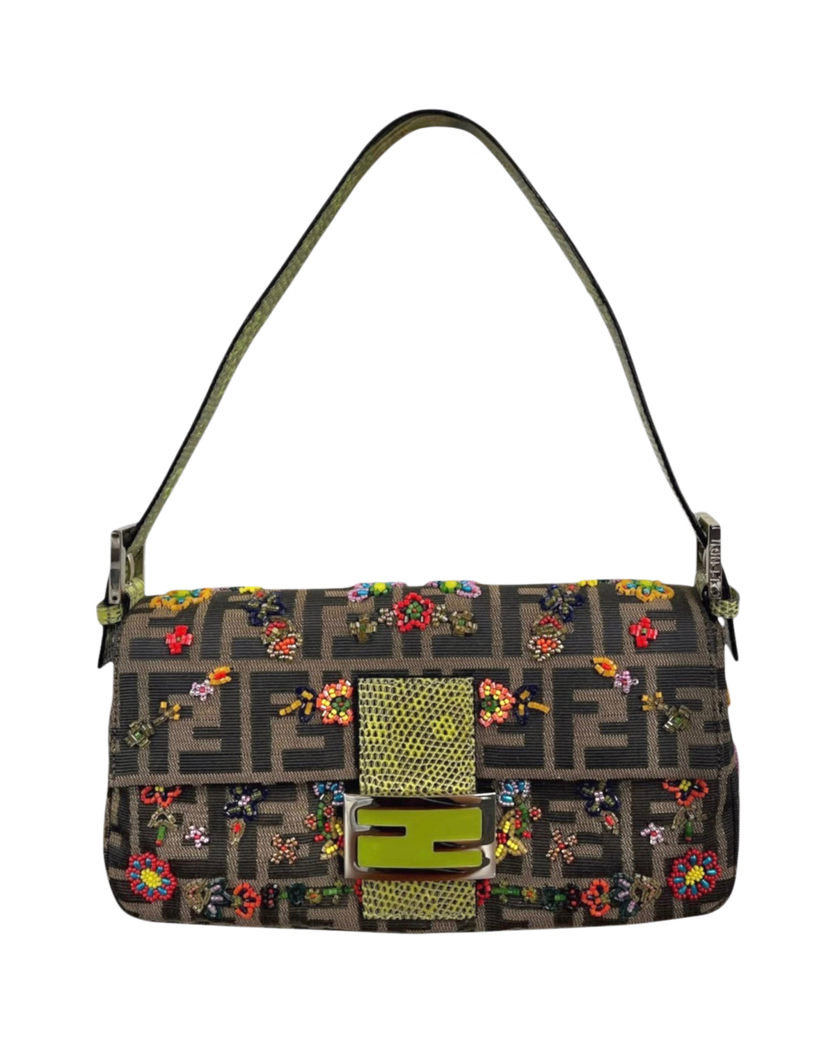Fendi Vintage Brown Zucca Monogram Floral Beaded Green Lizard Trim Shoulder Baguette Bag