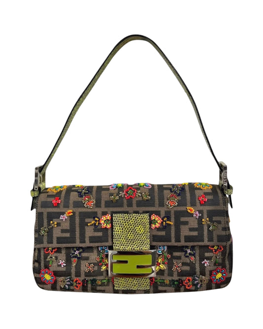 Fendi Vintage Brown Zucca Monogram Floral Beaded Green Lizard Trim Shoulder Baguette Bag