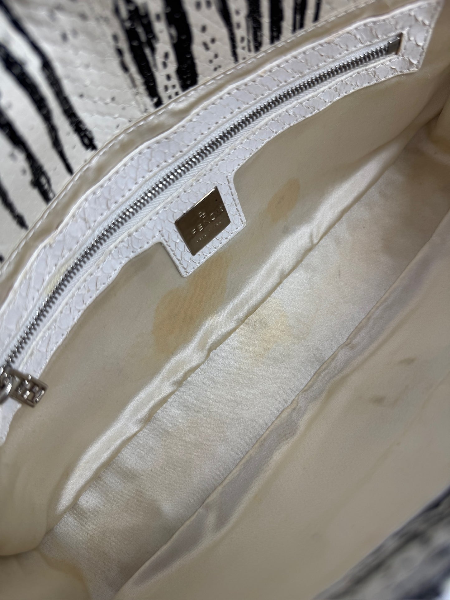 Fendi Vintage White & Black Zebra Print Snakeskin Baguette Shoulder Bag