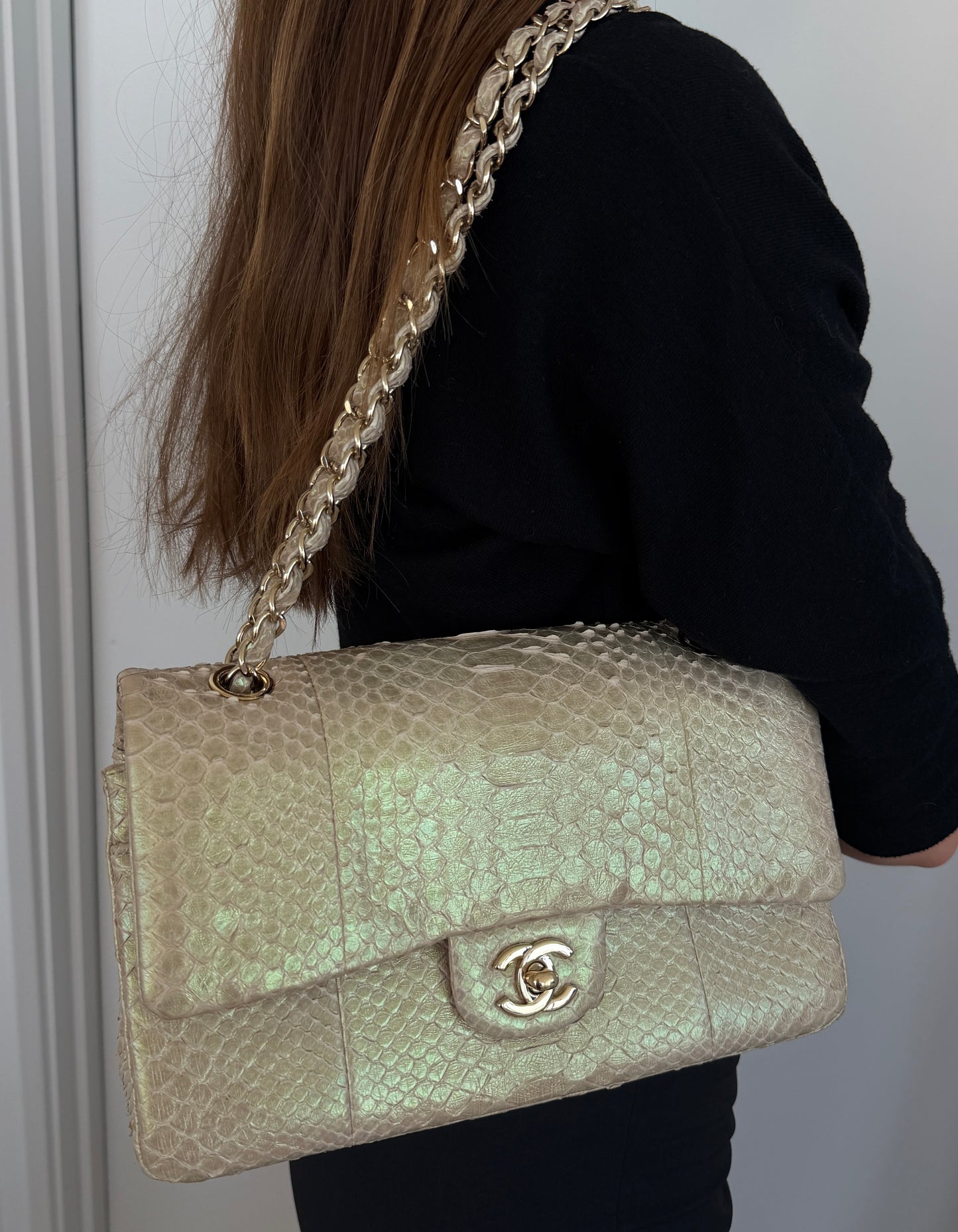 Chanel Iridescent Beige & Pink Python Classic Medium Double Flap Bag with Champagne Gold Hardware 