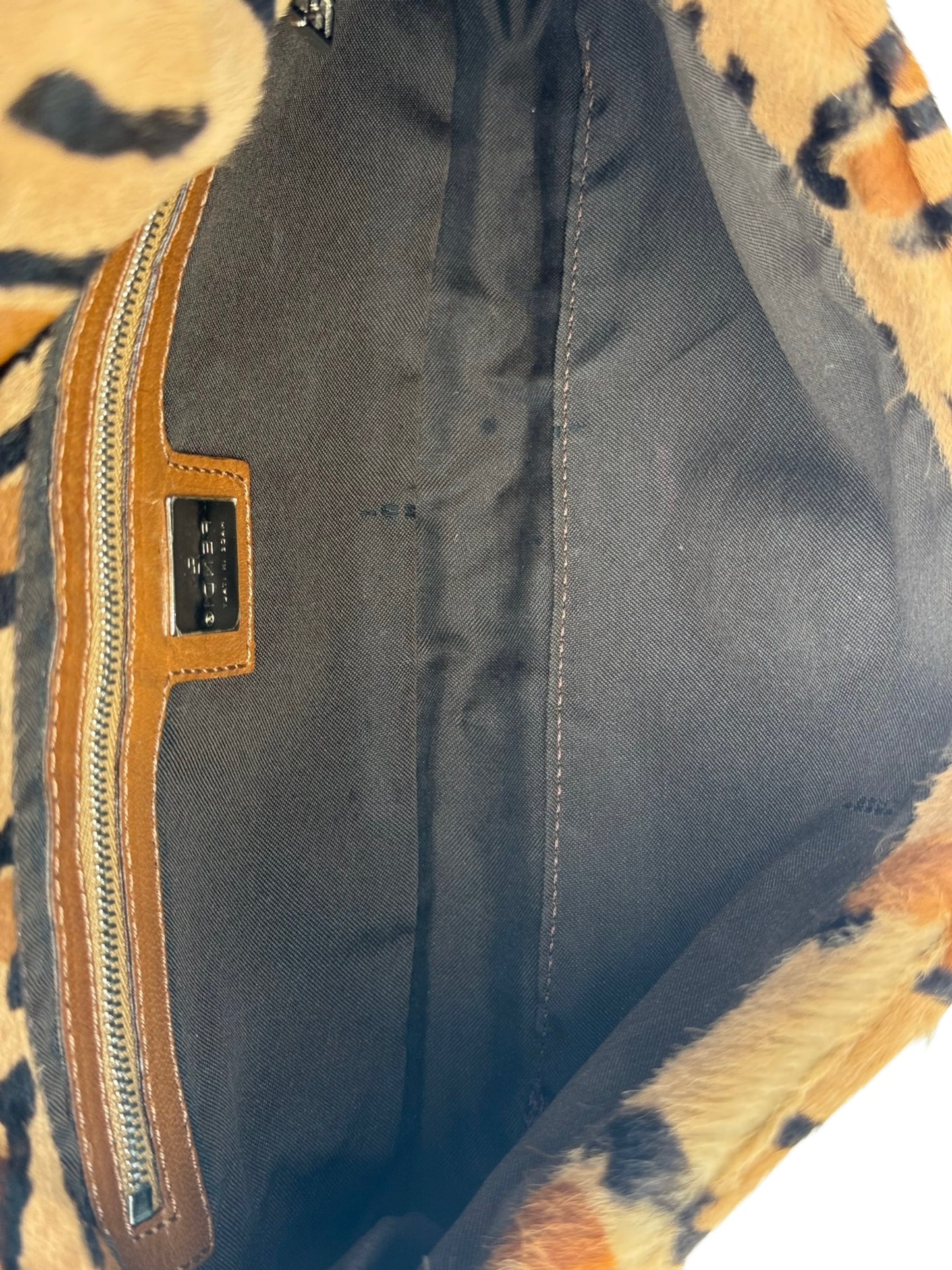 Fendi Vintage Beige Leopard Print Pony Hair Shoulder Baguette Bag