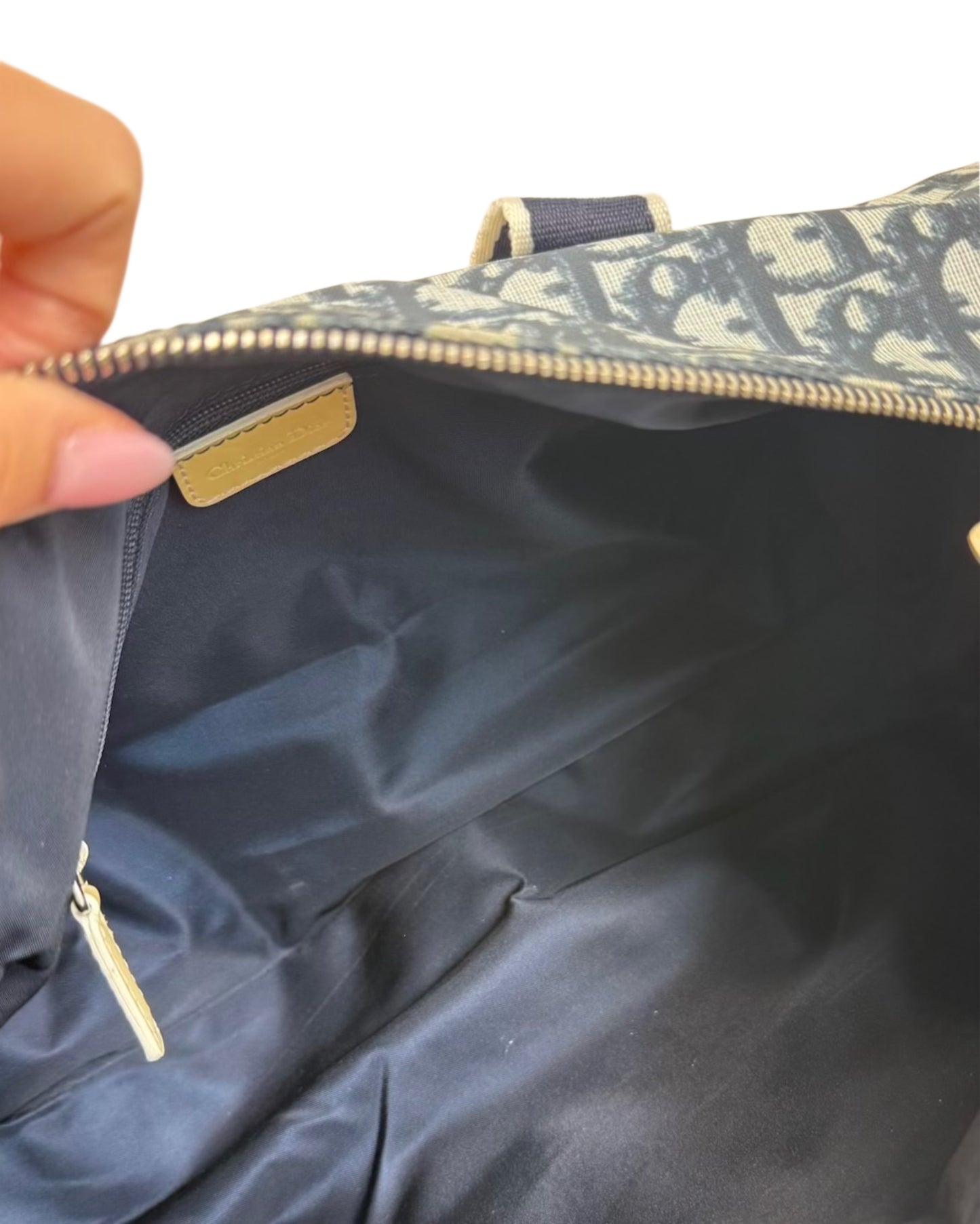 Dior Vintage 2001 Blue Trotter Monogram White Patent Trim Small Boston Shoulder Duffle Bag