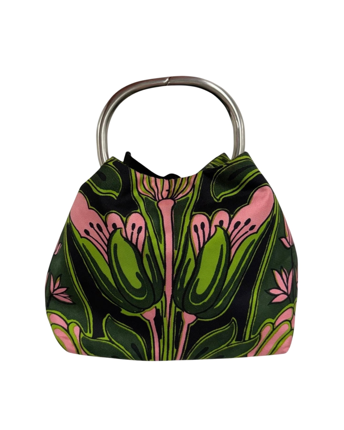 Prada Vintage Holliday & Brown London Green and Pink Twill Floral Tulipano Metal Top Handle Mini Bracelet Bag