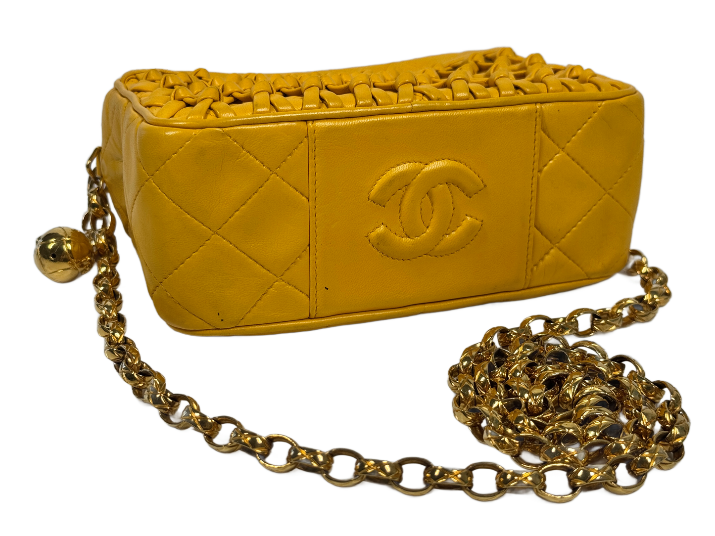 Chanel Vintage 90s Yellow Gold Knotted Quilted Lambskin Tassel Camera Shoulder Crossbody Bag