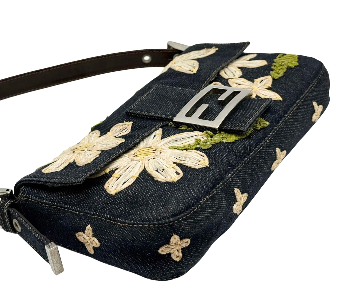 Fendi Vintage Blue Denim Tulle Floral Embroidered Shoulder Baguette Bag