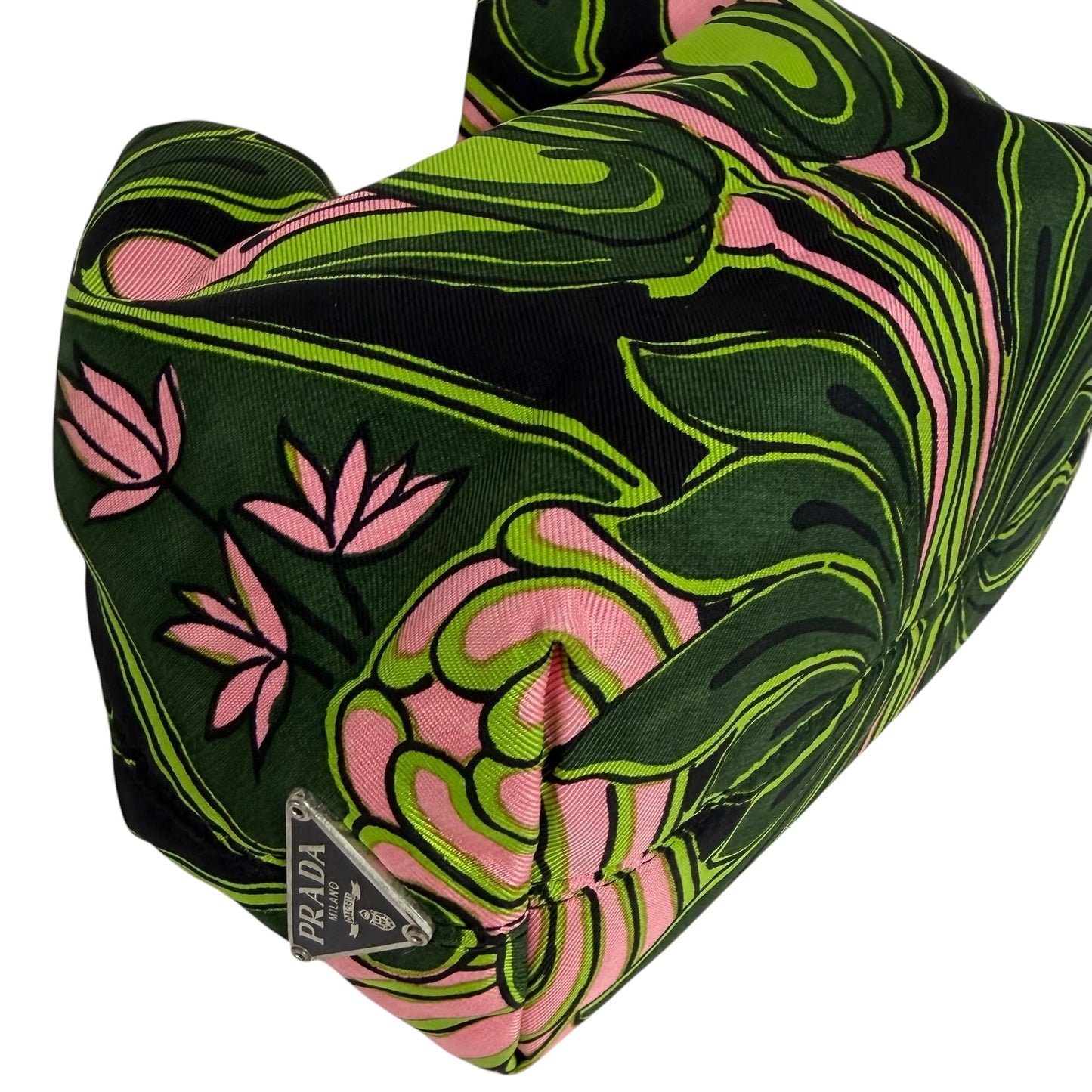 Prada Vintage Holliday & Brown London Green and Pink Twill Floral Tulipano Metal Top Handle Mini Bracelet Bag