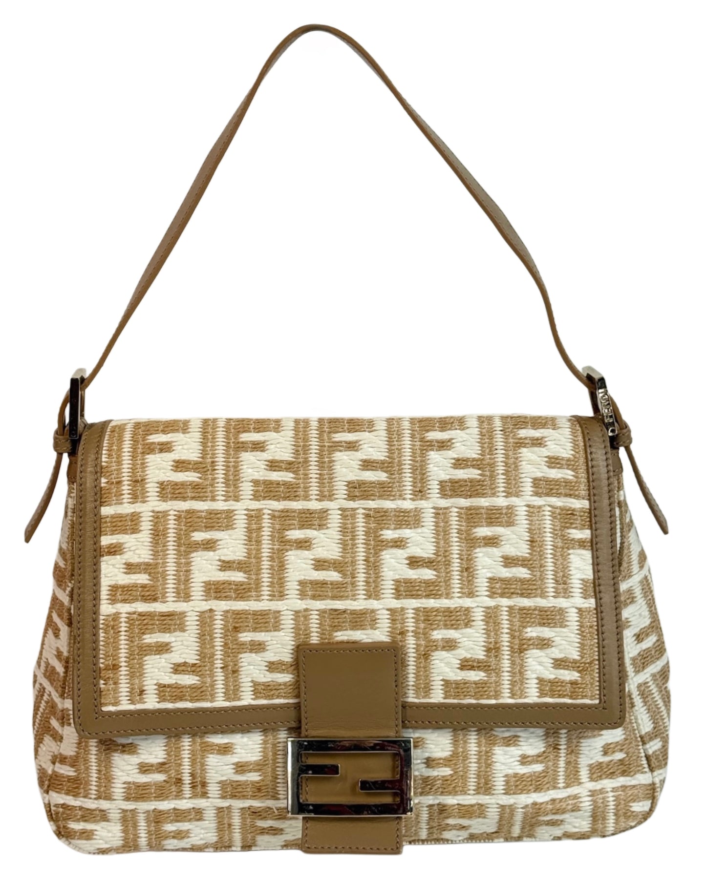 Fendi Vintage Beige & White Raffia Zucca Monogram Mamma Baguette Shoulder Bag