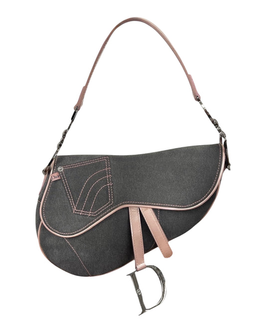 Dior Vintage 2003 Gray Denim Pink Patent Trim Jeans Saddle Bag