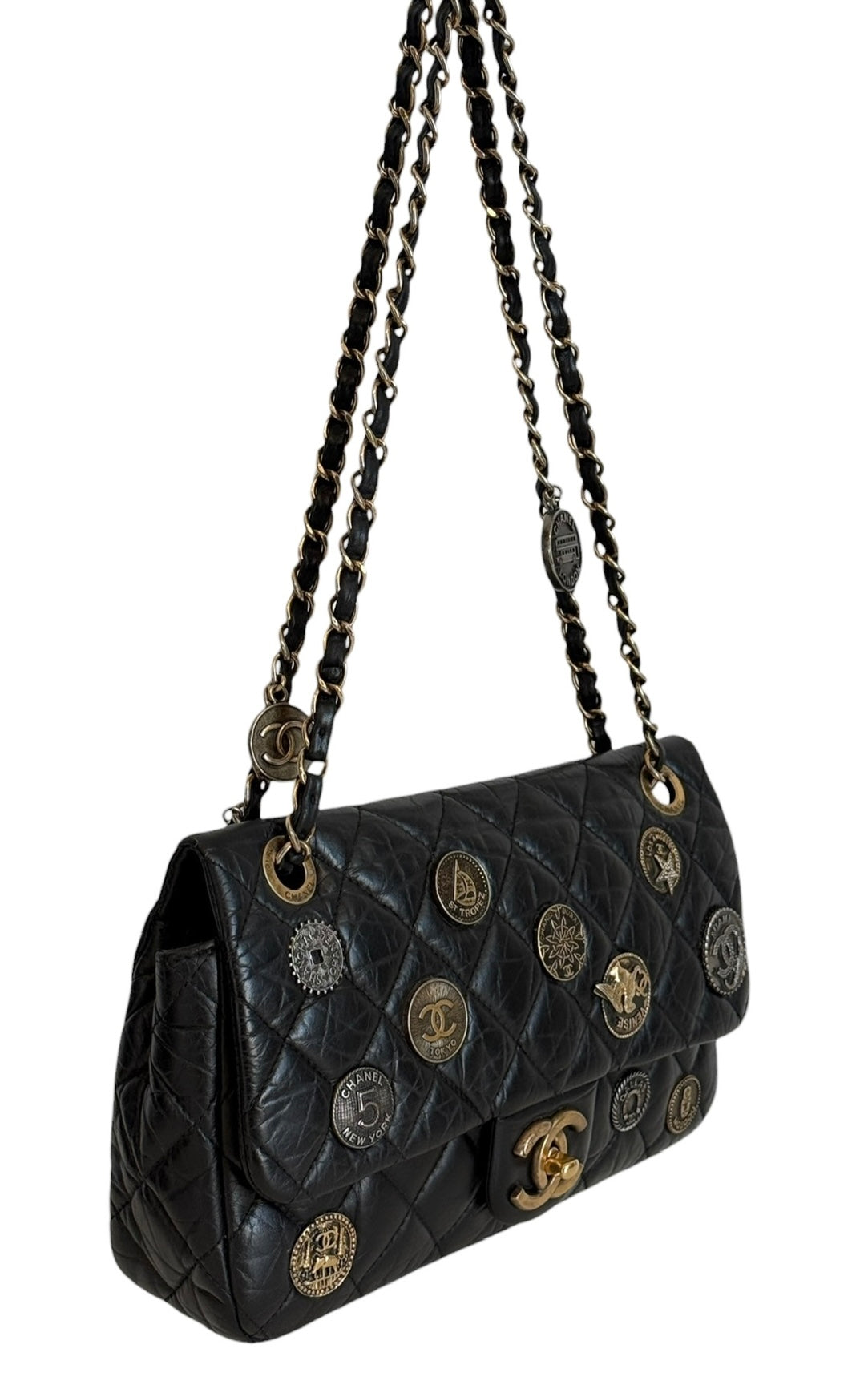 Chanel 2015 Paris-Dubai Black Crinkled Calfskin Medallions Medium Single Flap Bag with AGHW