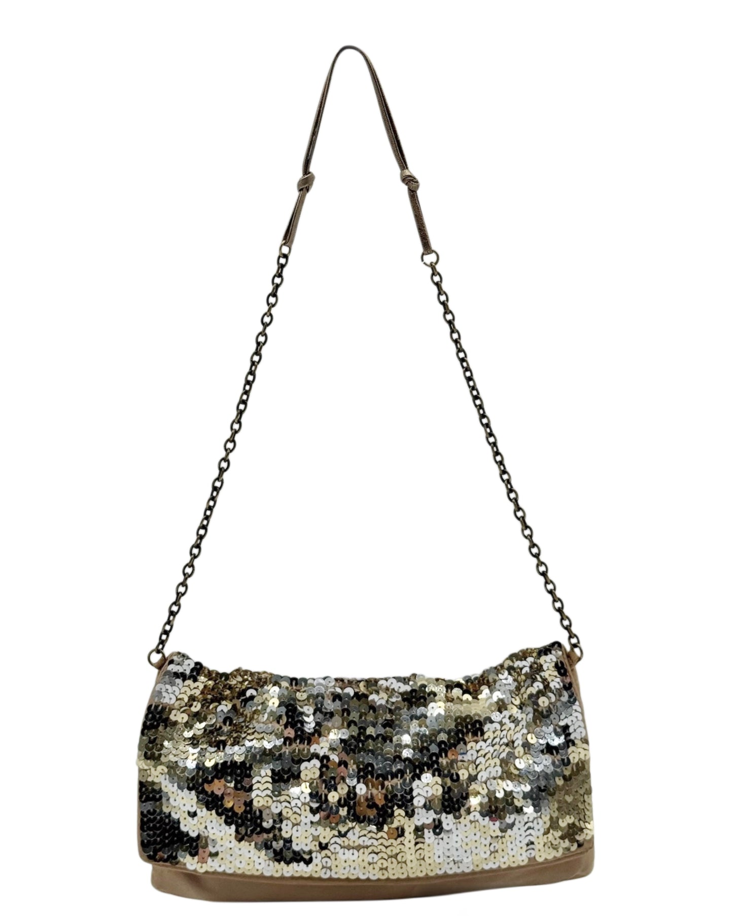 Prada Vintage Gold & Silver Metallic Sequin Satin Evening Shoulder Bag with Mirror