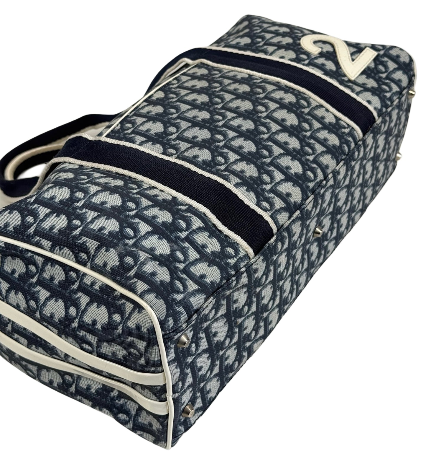 Dior Vintage 2001 Blue Trotter Monogram White Patent Trim Small Boston Shoulder Duffle Bag