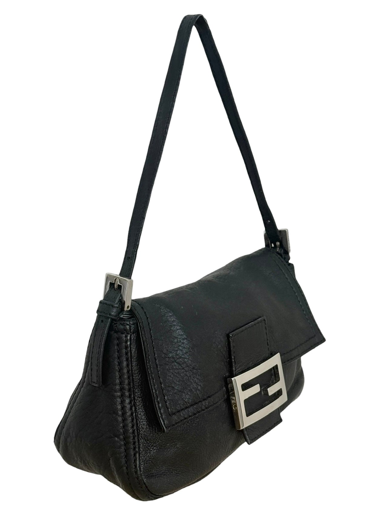 Fendi Vintage Black Selleria Leather Mini Mamma Shoulder Baguette Bag
