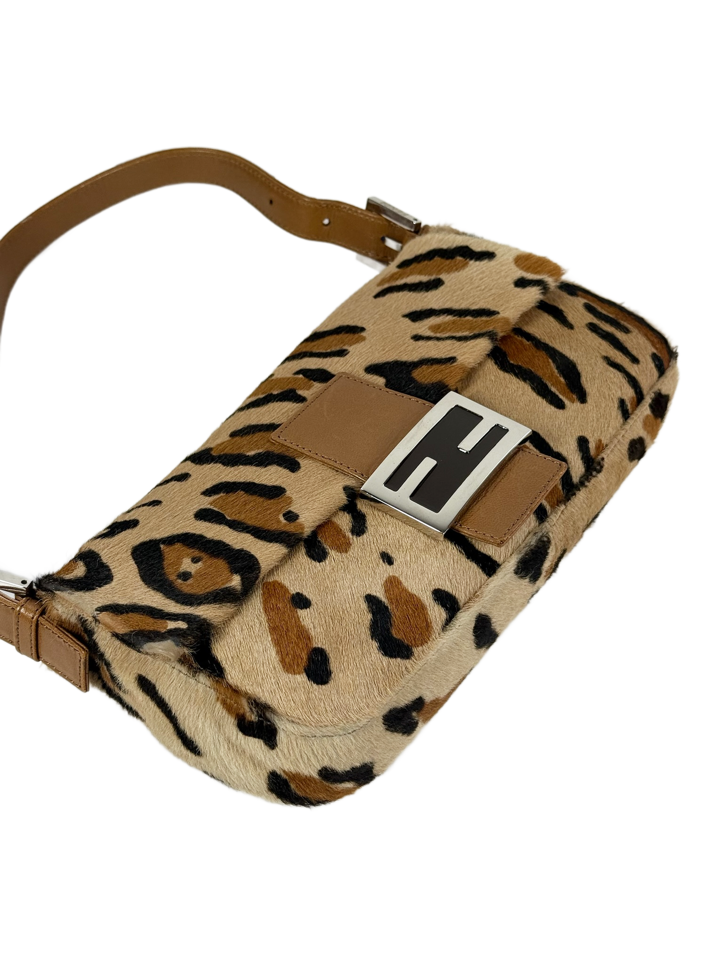 Fendi Vintage Beige Brown Leopard Print Pony Hair Shoulder Baguette Bag