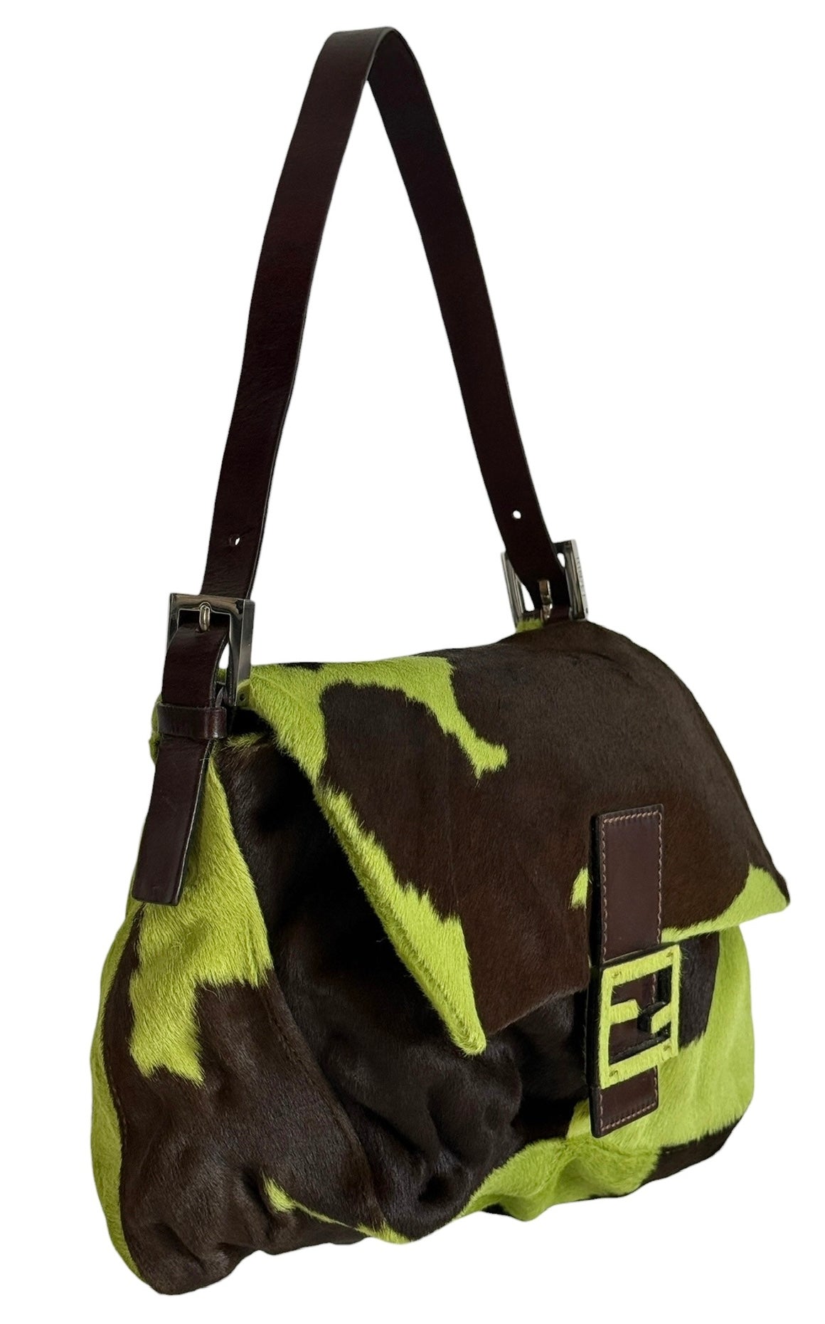 Fendi Vintage Green Pony Hair Cow Print Mamma Baguette Shoulder Bag 