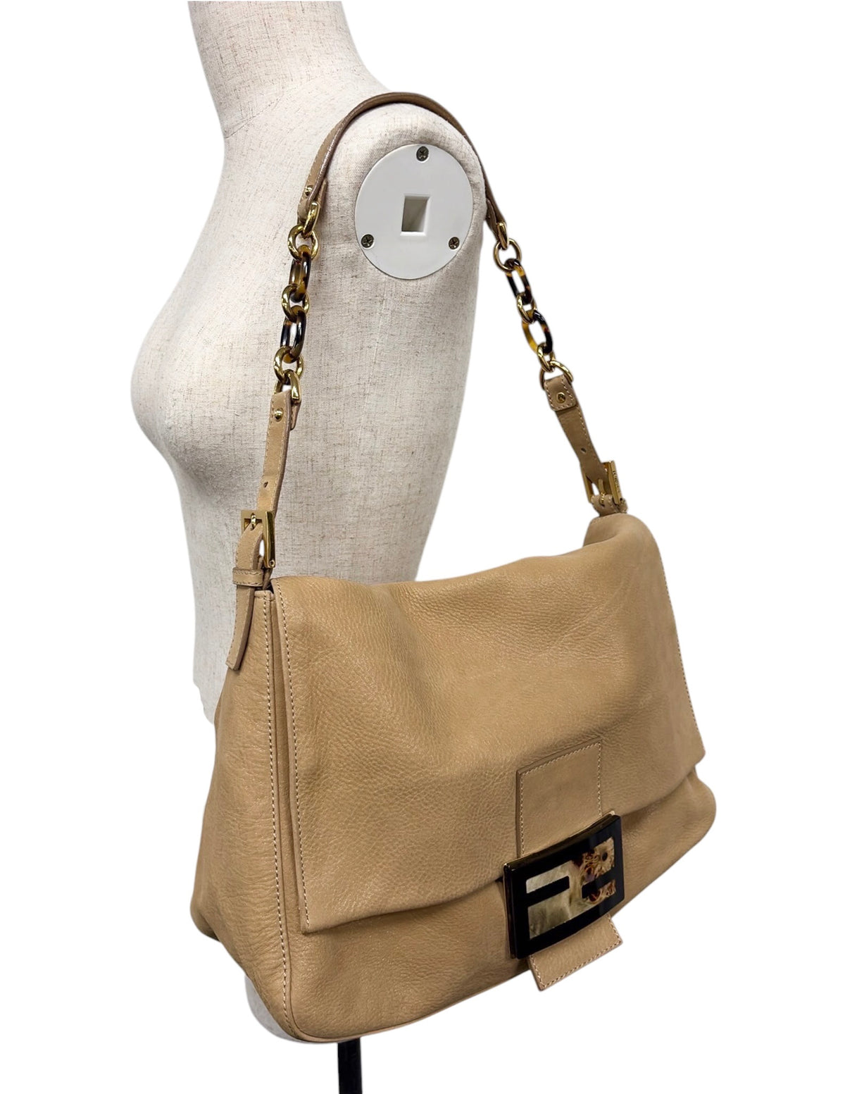 Fendi 2011 Tan Micro Suede Marble Logo XL Mamma Baguette Shoulder Bag