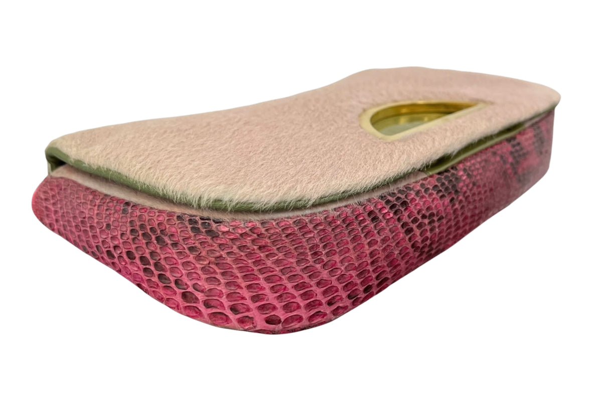 Dior Vintage 00s Pink Pony Hair & Fuchsia Python Green Trim Malice Shoulder Bag