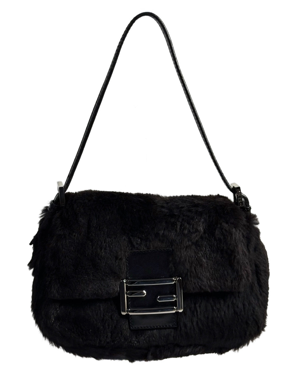 Fendi Vintage Black Rabbit Fur Mini Mamma Baguette Shoulder Bag