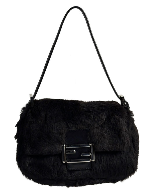 Fendi Vintage Black Rabbit Fur Mini Mamma Baguette Shoulder Bag