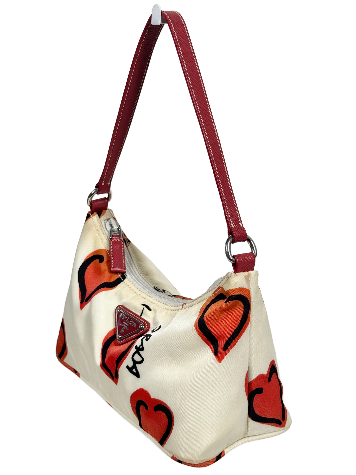 Prada Vintage White Nylon Red Heart Logo Pochette Shoulder Bag