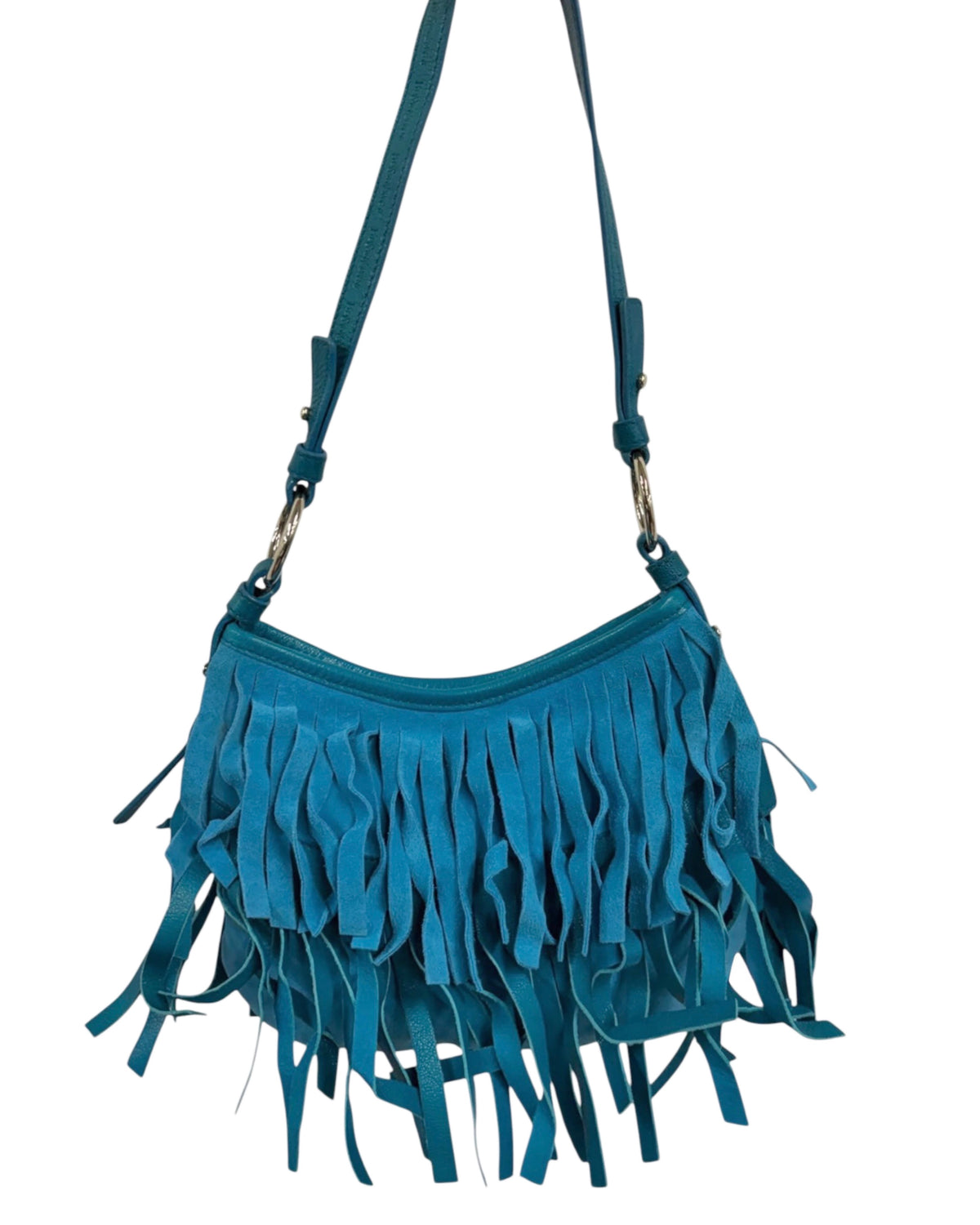 Yves Saint Laurent / YSL Vintage Turquiose Suede Boheme Fringe Mini / Small Hobo Shoulder Bag