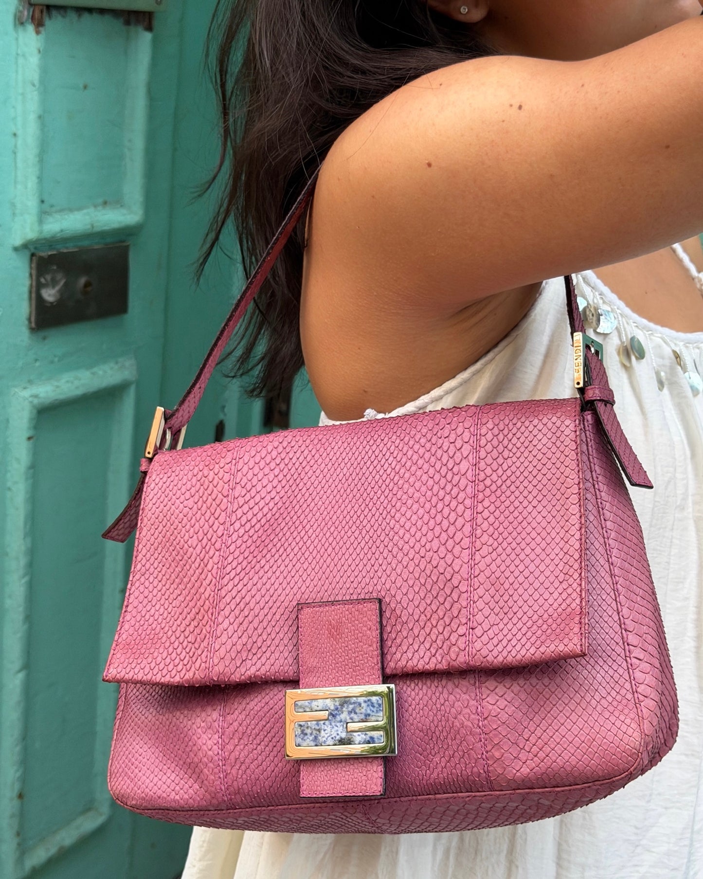 Fendi Vintage Fuchsia Pink Python Blue Marble Logo XL Mamma Shoulder Baguette Bag