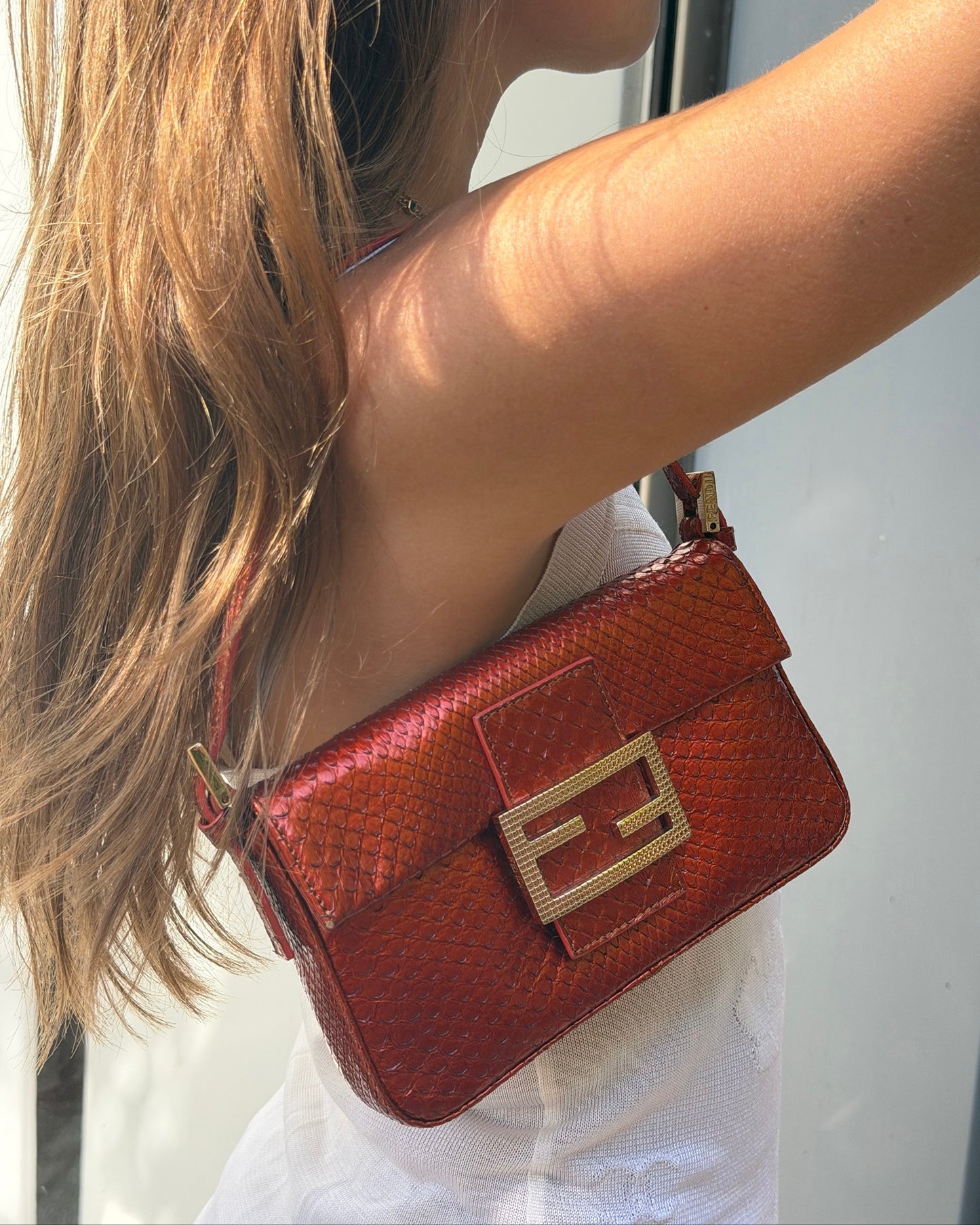 Fendi Vintage Burnt Orange Python Mini Baguette Shoulder Bag