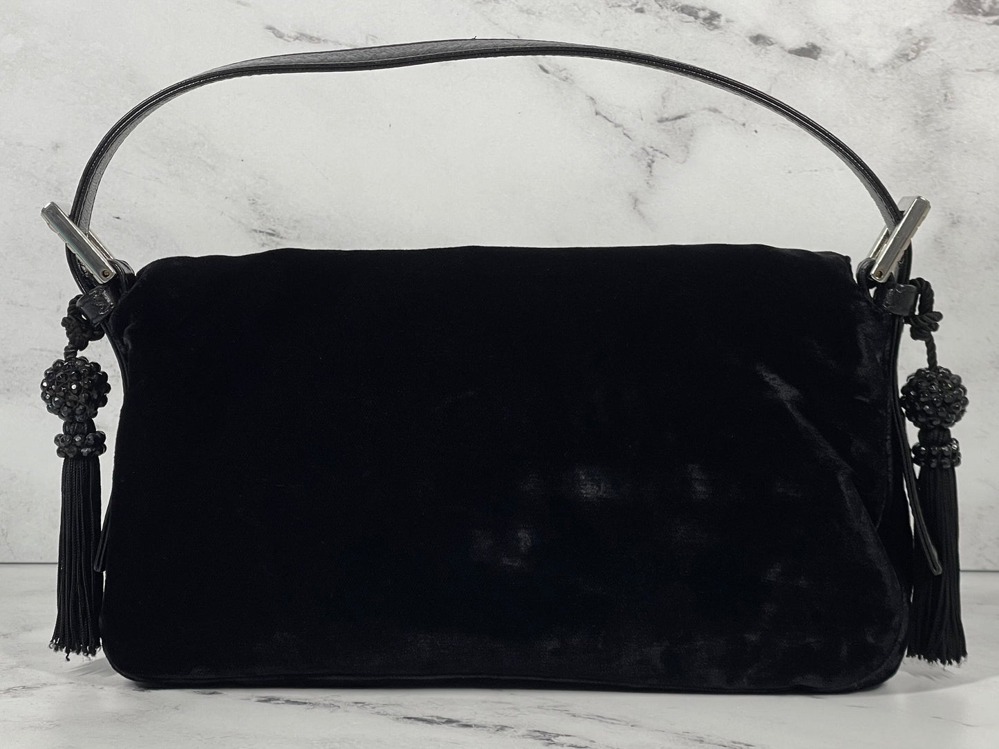 Fendi Vintage Black Velvet Crystal Tassel Baguette