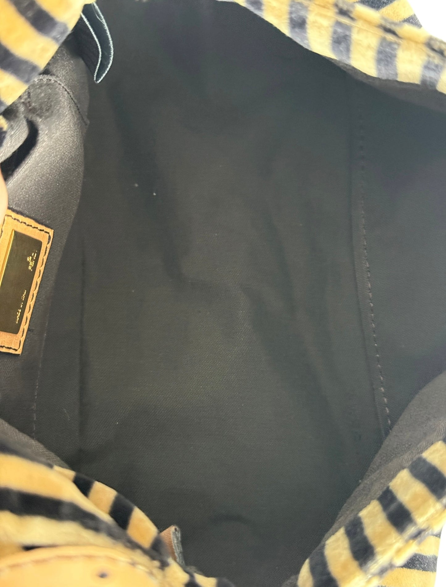 Fendi Vintage Velour Velvet Beige & Black Striped Chain Link Mini Mamma Shoulder Baguette Bag with Acrylic Chain Handle 