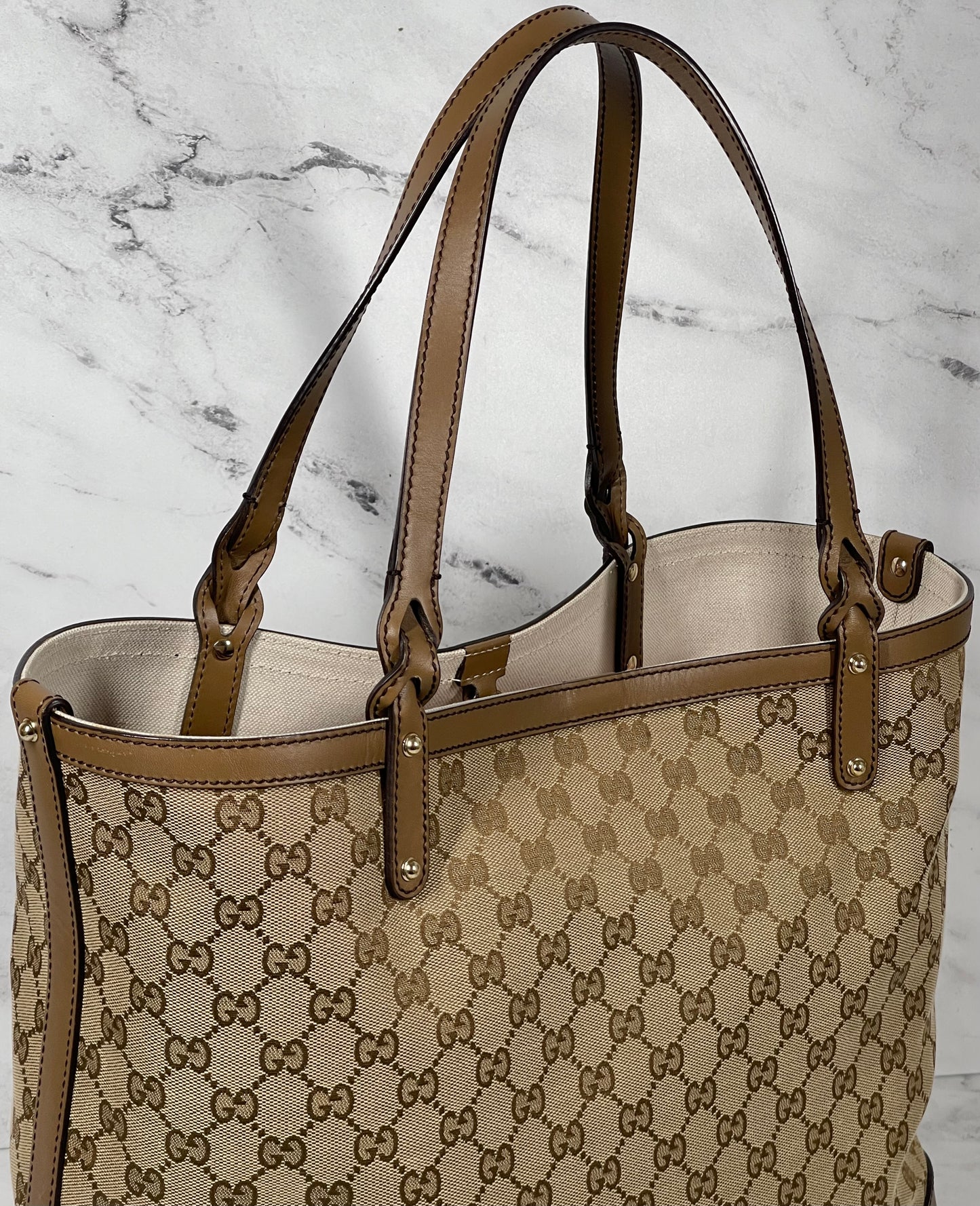 Gucci Brown GG Monogram Canvas & Leather Shoulder Tote Bag w Pouch