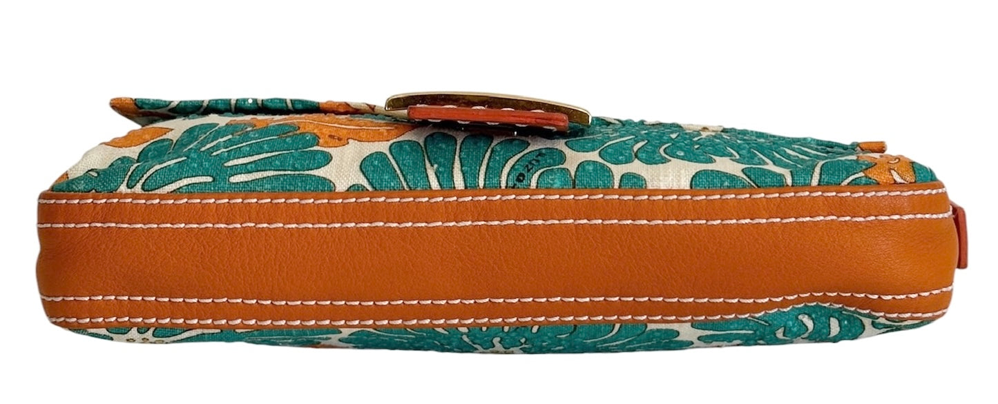 Fendi Vintage Turquoise & Orange Crystal Floral Selleria Leather Trim Shoulder Baguette Bag