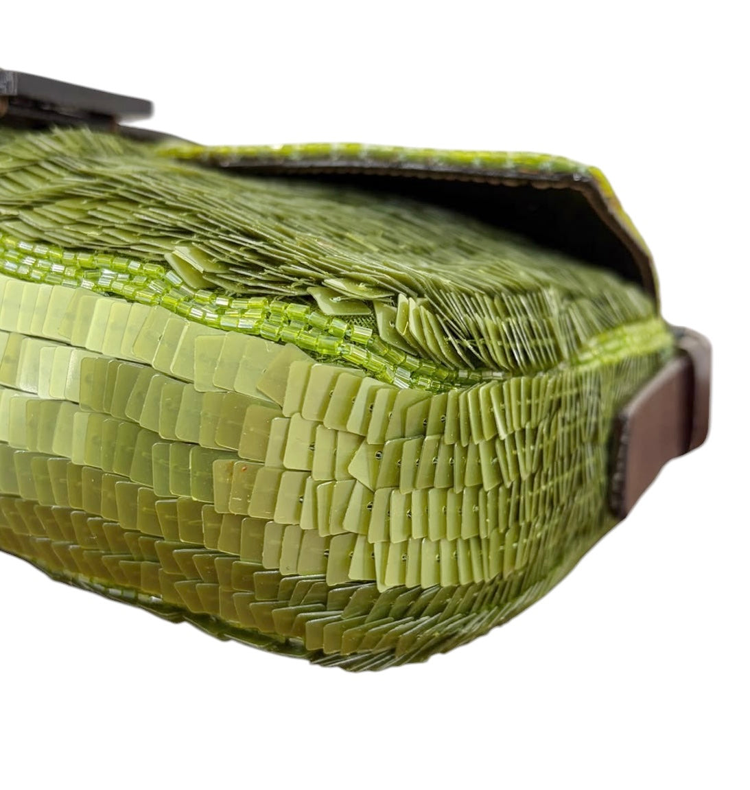 Fendi Vintage Green Paillattes Sequin Beaded Shoulder Baguette Bag 