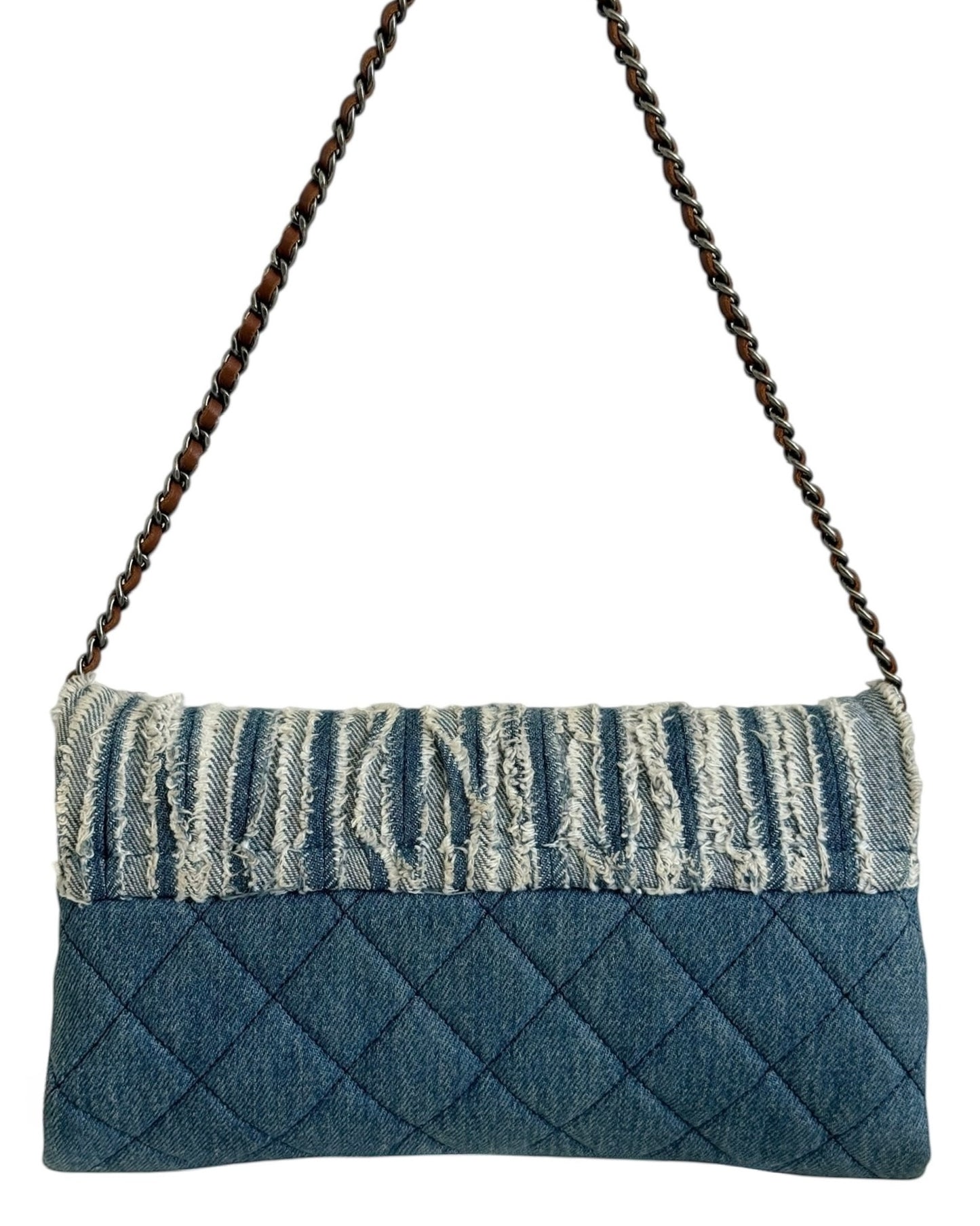 Chanel Blue Striped Denim Fringe Trim Full Flap Shoulder Crossbody Bag 